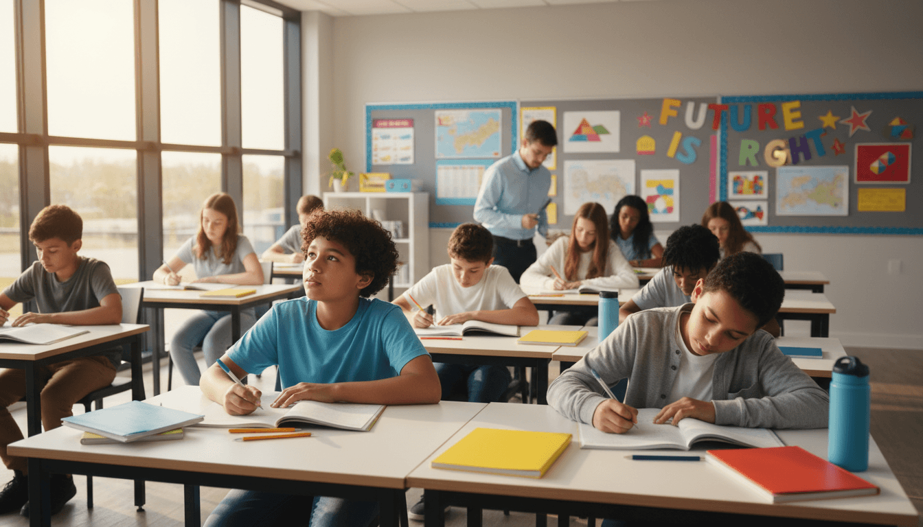 Students studying together in a bright, modern classroom during a Vidiyapith Academy session